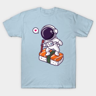 Cute Astronaut Surfing On Sushi With Chopstick Cartoon T-Shirt